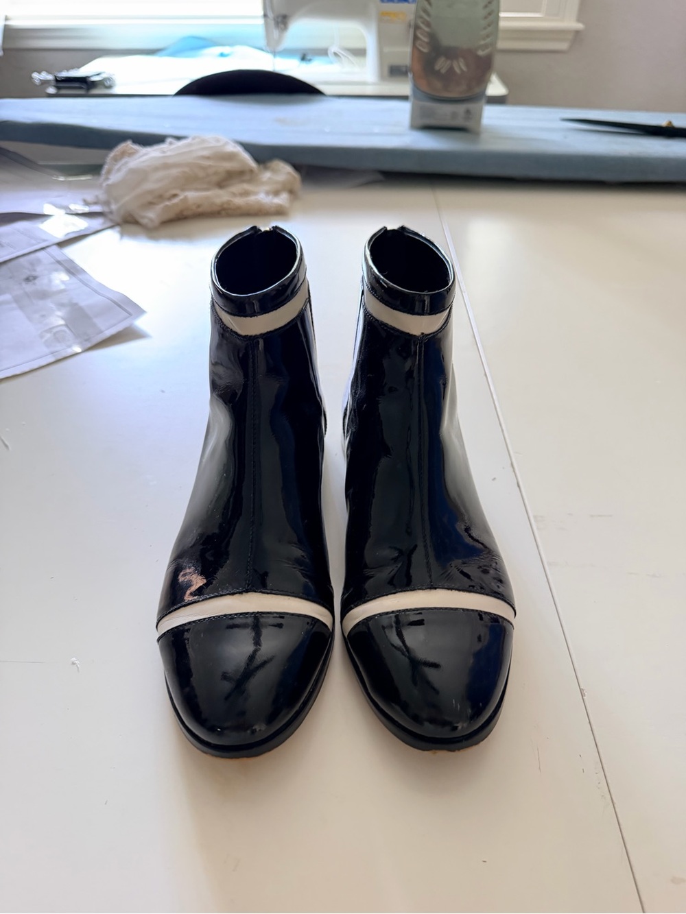Calvin Klein Black Patent Ankle Boots with White Trim